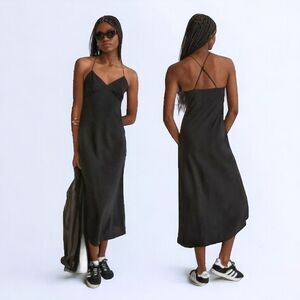 Madewell $ 98 Midi Crossback Layton Adjustable Slip Dress Sz 12 Black NWT